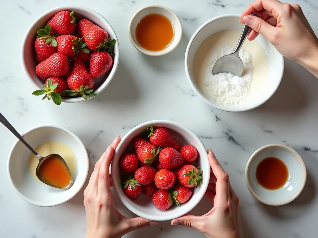 Ingredients for easy no-churn strawberry vanilla ice cream