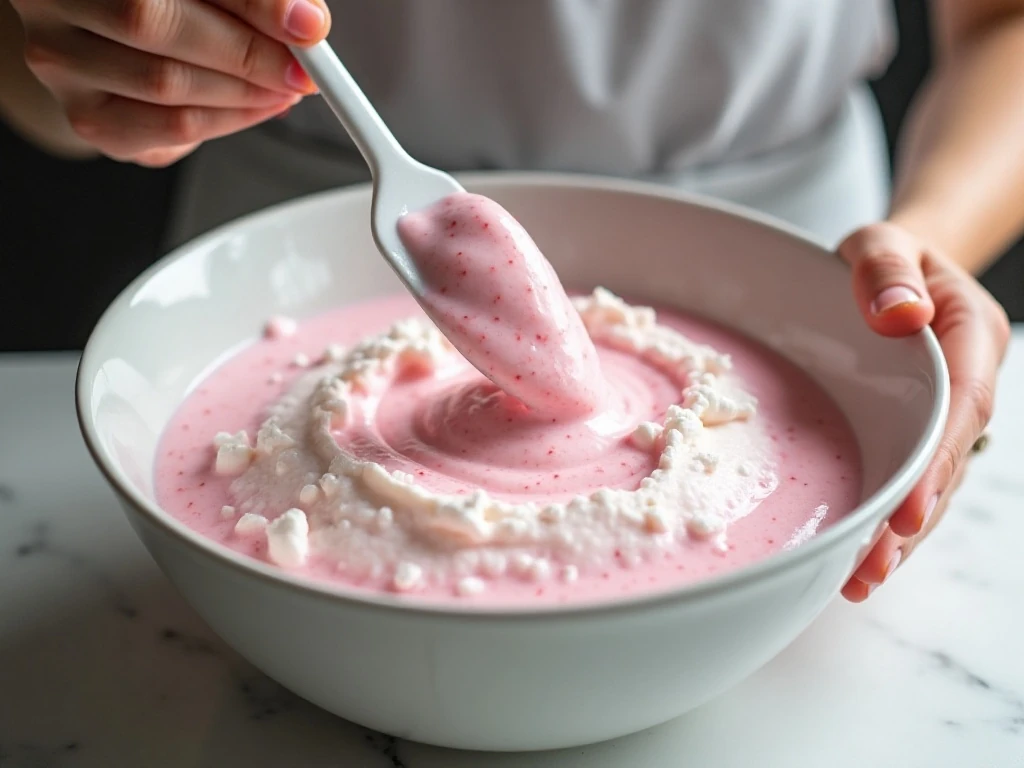 Folding strawberry mixture into whipped cream for no-churn ice cream