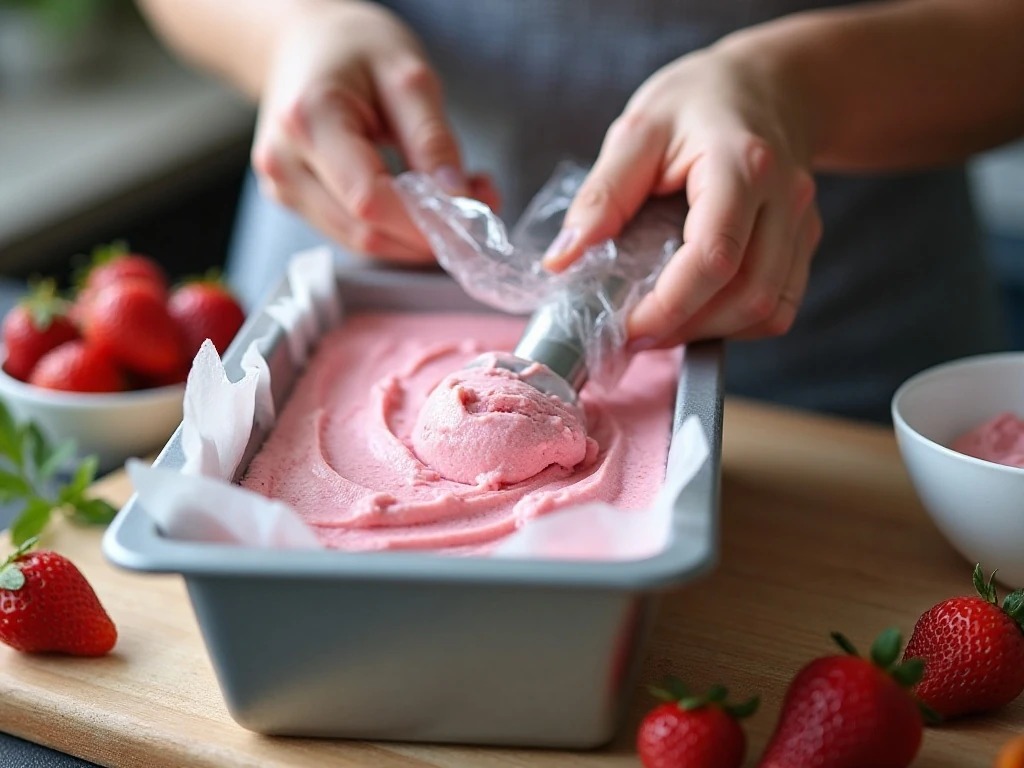 Strawberry ice cream mixture ready for the freezer