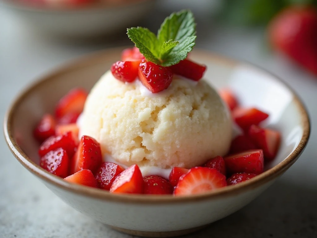 Close-up scoop of strawberry vanilla ice cream with fresh berry garnish