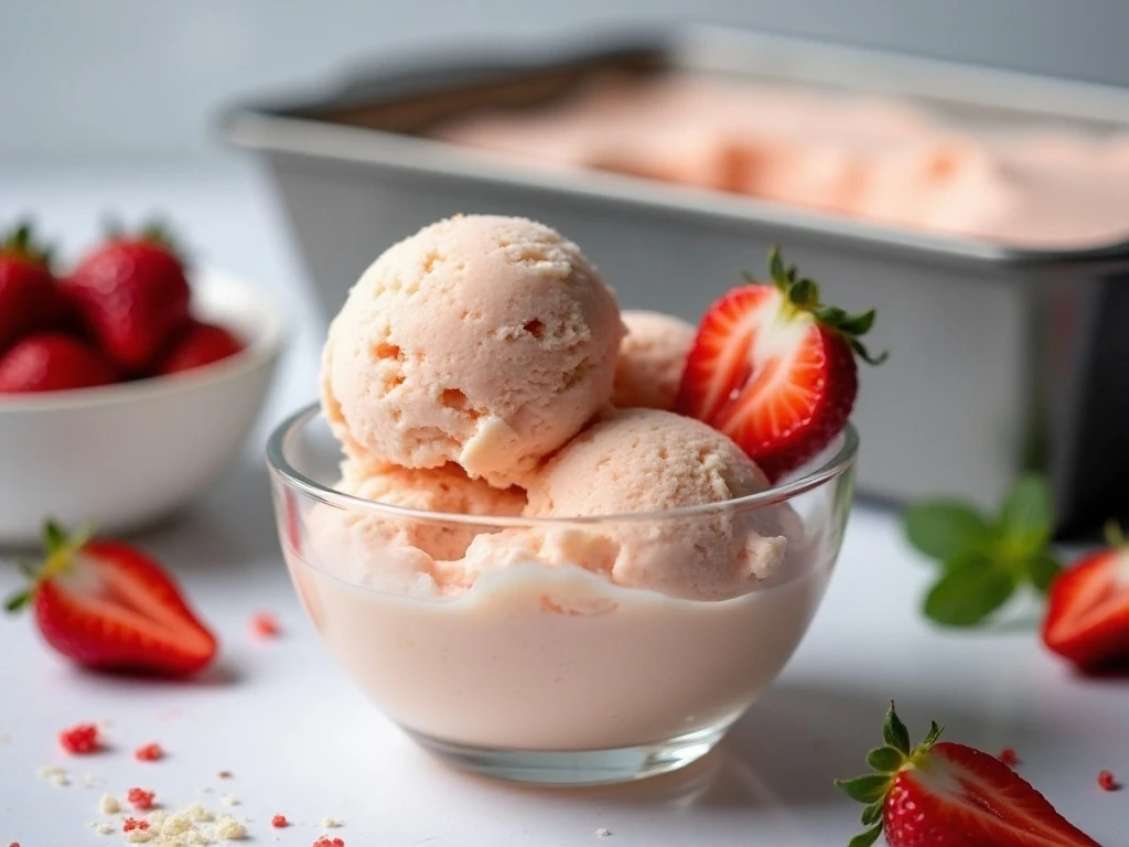 Scoopable homemade strawberry vanilla ice cream ready to serve