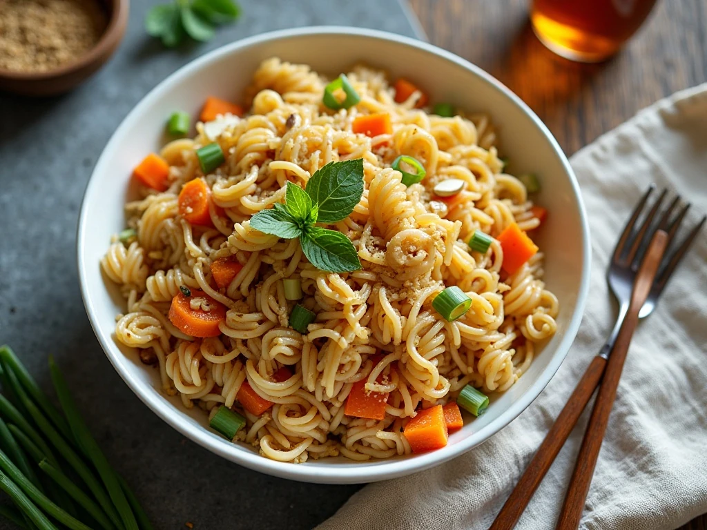 Crunchy no-cook ramen pasta salad served as a colorful summer side dish