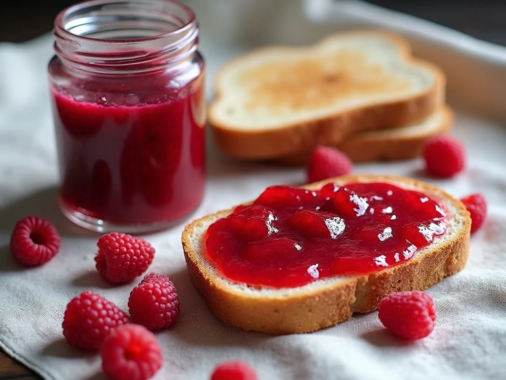 No-cook raspberry freezer jam spread on toast with fresh raspberries