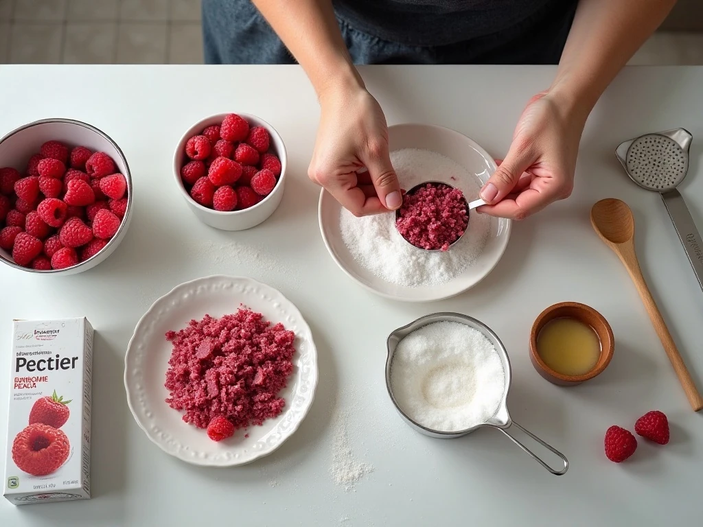 Ingredients for easy no-cook raspberry freezer jam