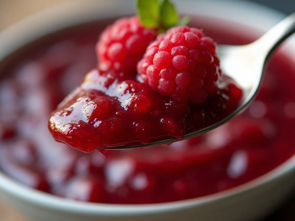 Close-up showing the glossy texture of raspberry freezer jam