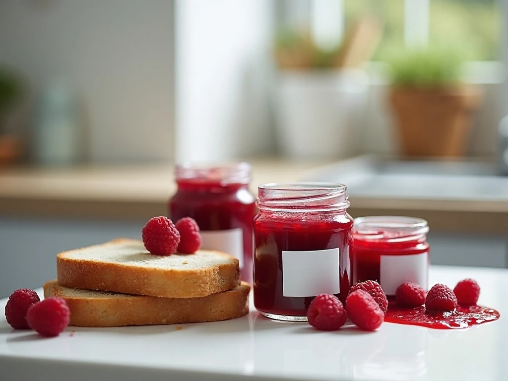 Stored raspberry freezer jam in labeled freezer containers