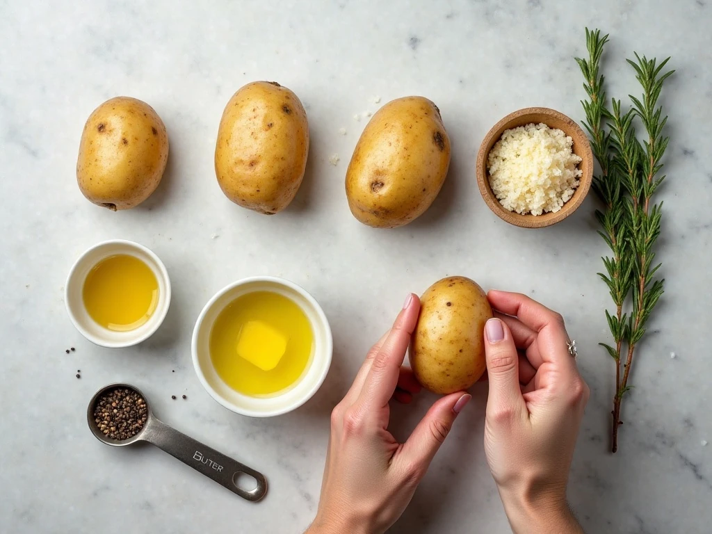 Ingredients for easy garlic butter Hasselback potatoes