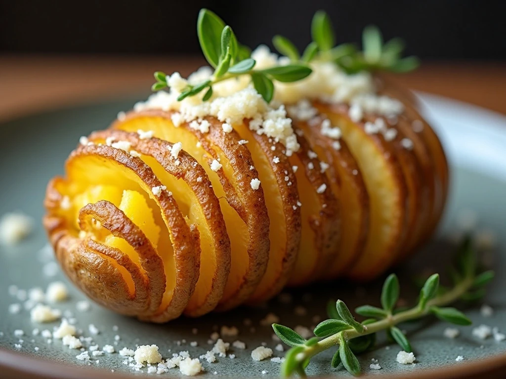 Hasselback potato with Parmesan and fresh thyme garnish