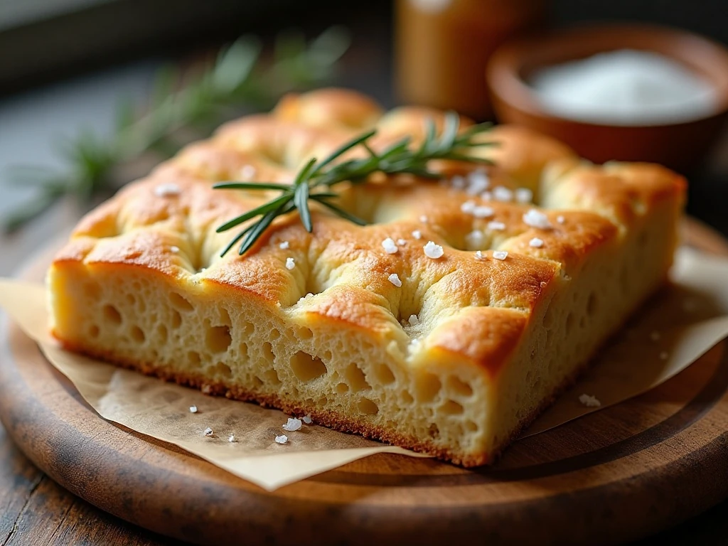 Thick airy no-knead focaccia with rosemary and flaky sea salt