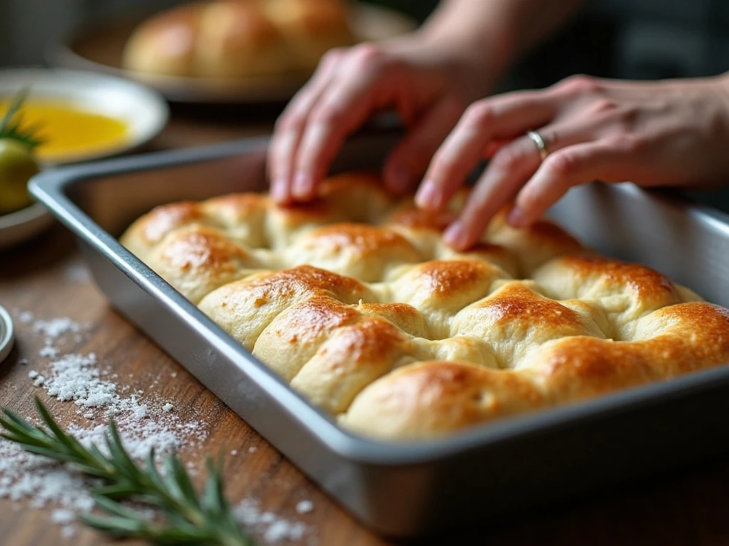 Dimpling puffy focaccia dough before baking