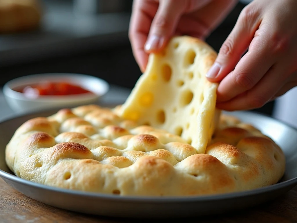 Bubbly focaccia dough proofing in an oiled metal pan