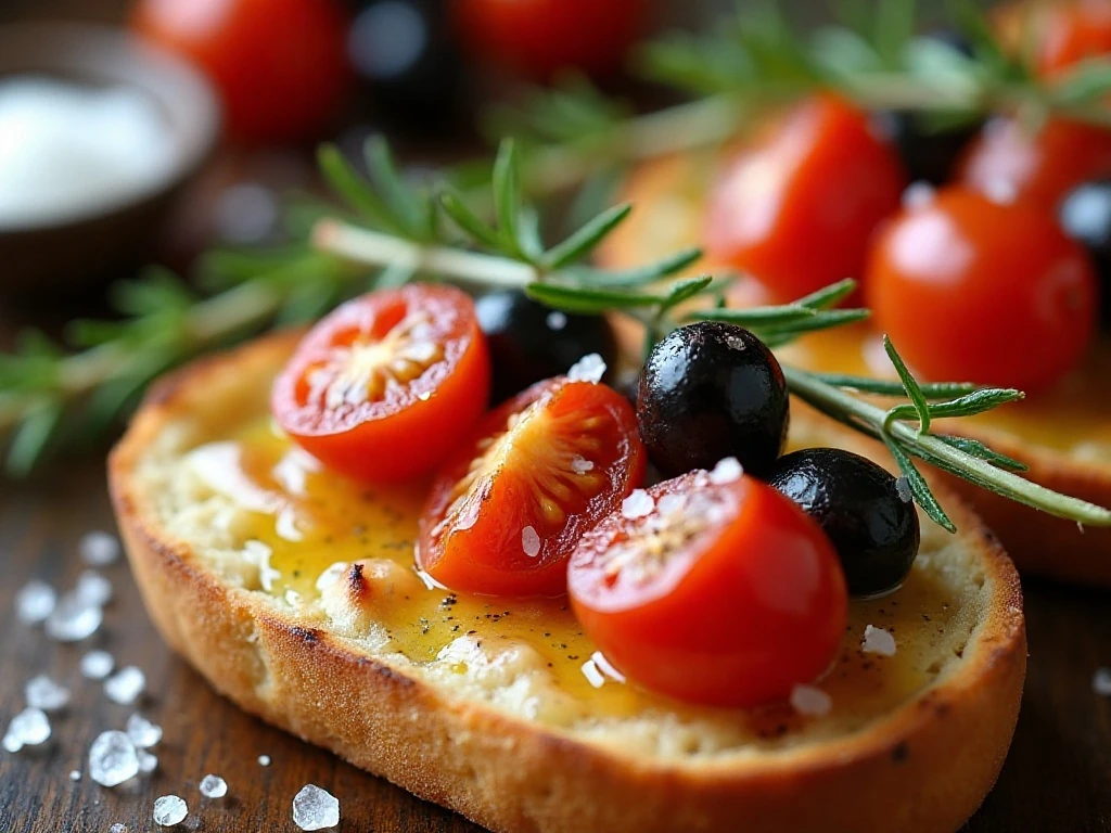 Focaccia topped with rosemary, tomatoes, garlic, and olives