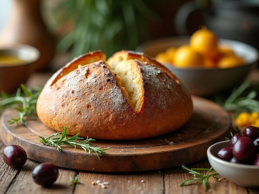 Crusty homemade no-knead olive bread served with olive oil