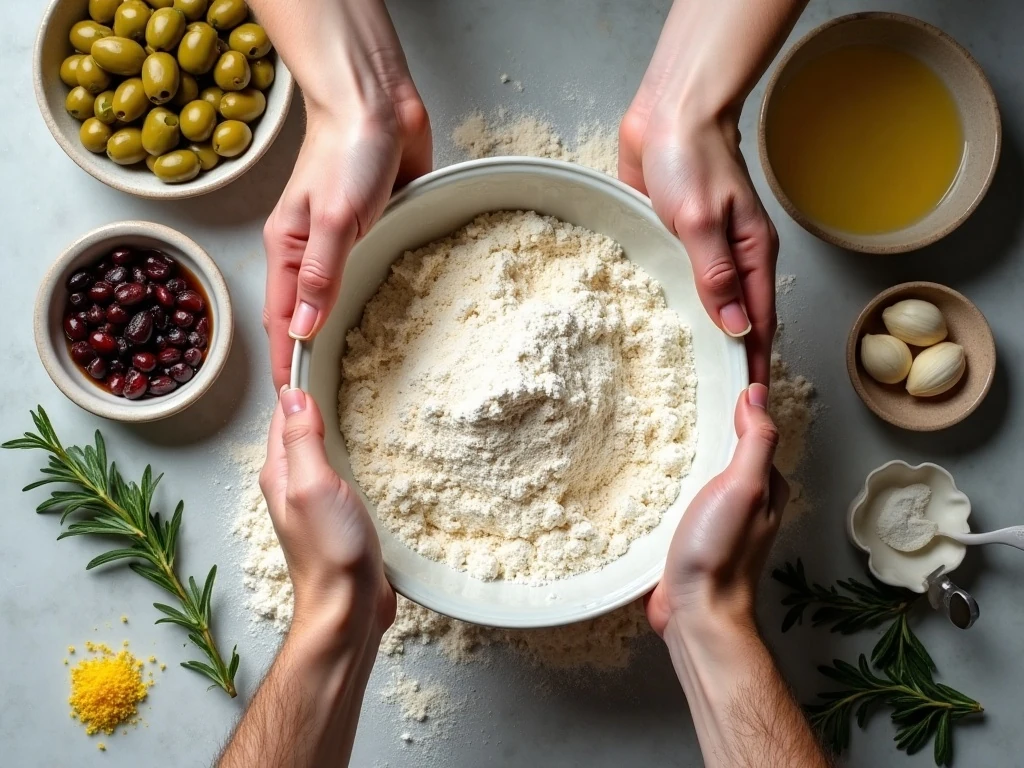 Ingredients for no-knead olive bread arranged for baking
