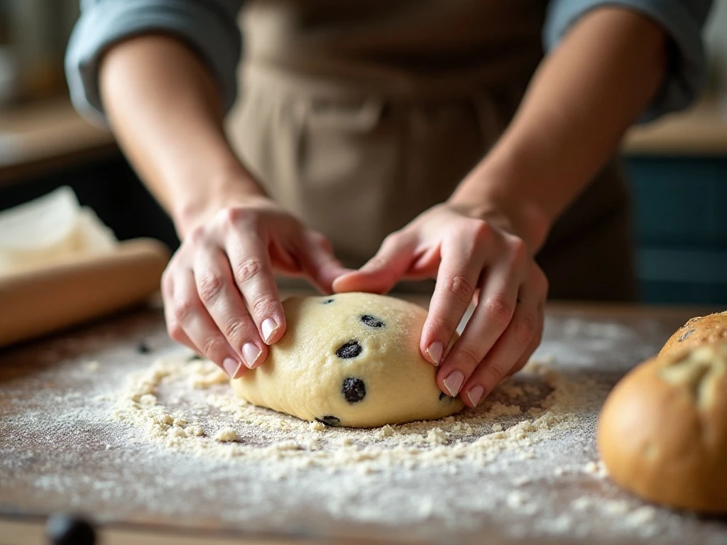 Shaping sticky olive bread dough before Dutch-oven baking