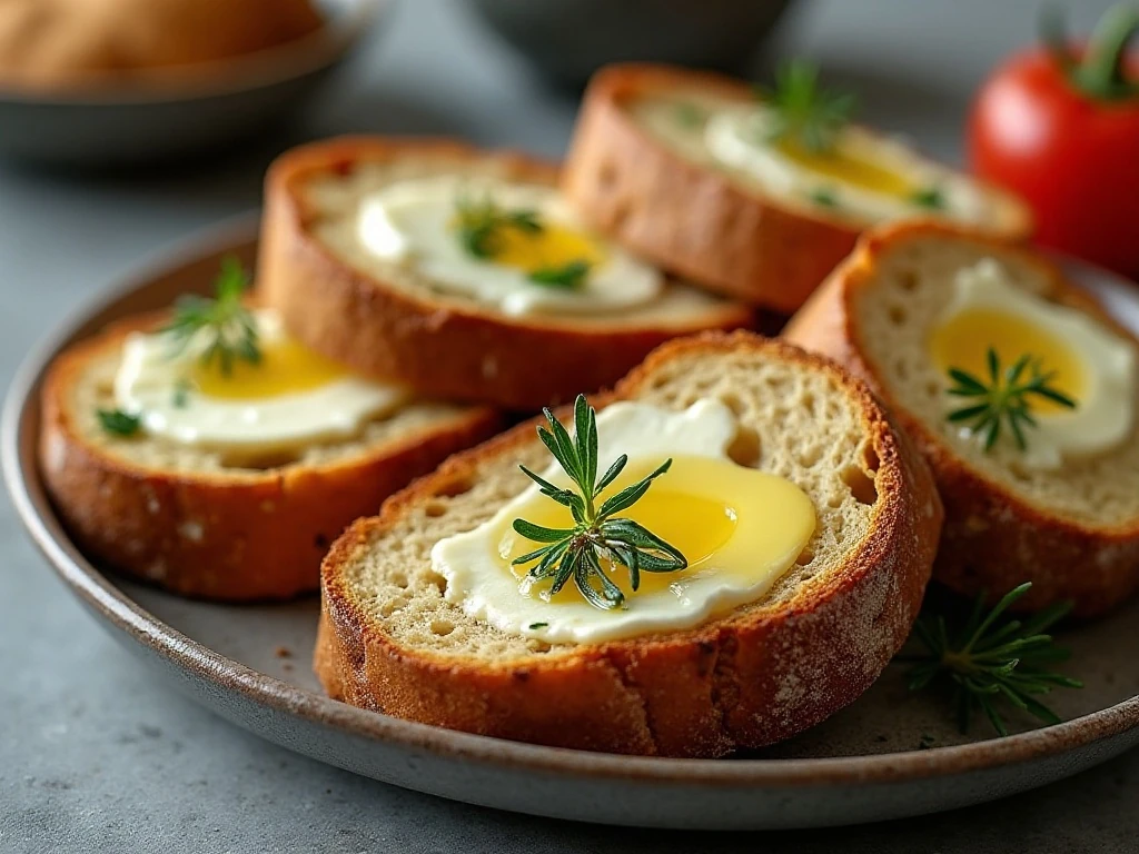 Sliced olive bread served with cheese and vegetables