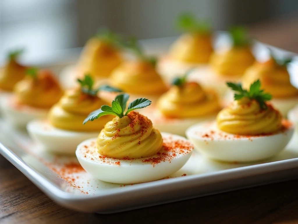 Creamy no-mayo deviled eggs arranged on an appetizer platter