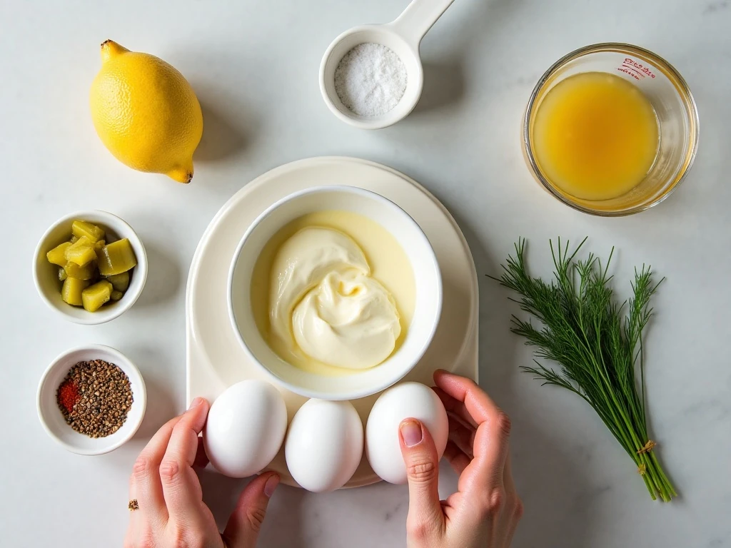 Ingredients for creamy no-mayo deviled eggs