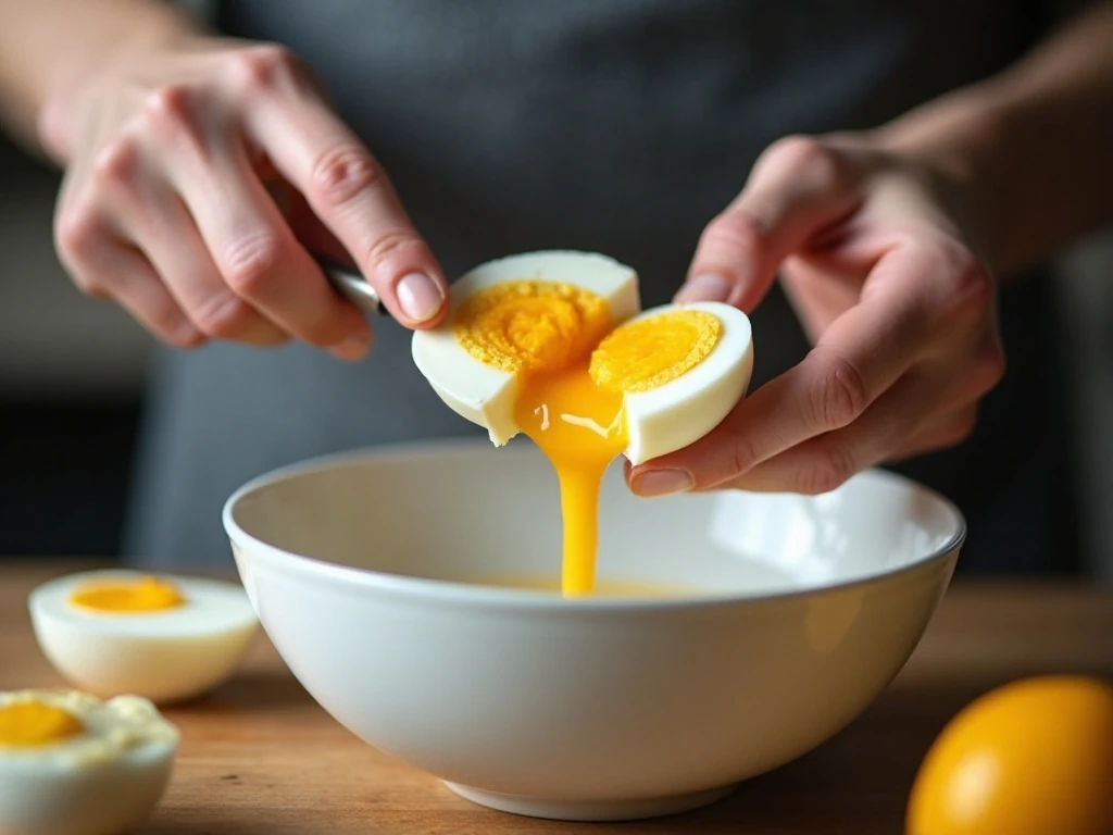 Preparing cooked eggs for a no-mayo deviled egg filling