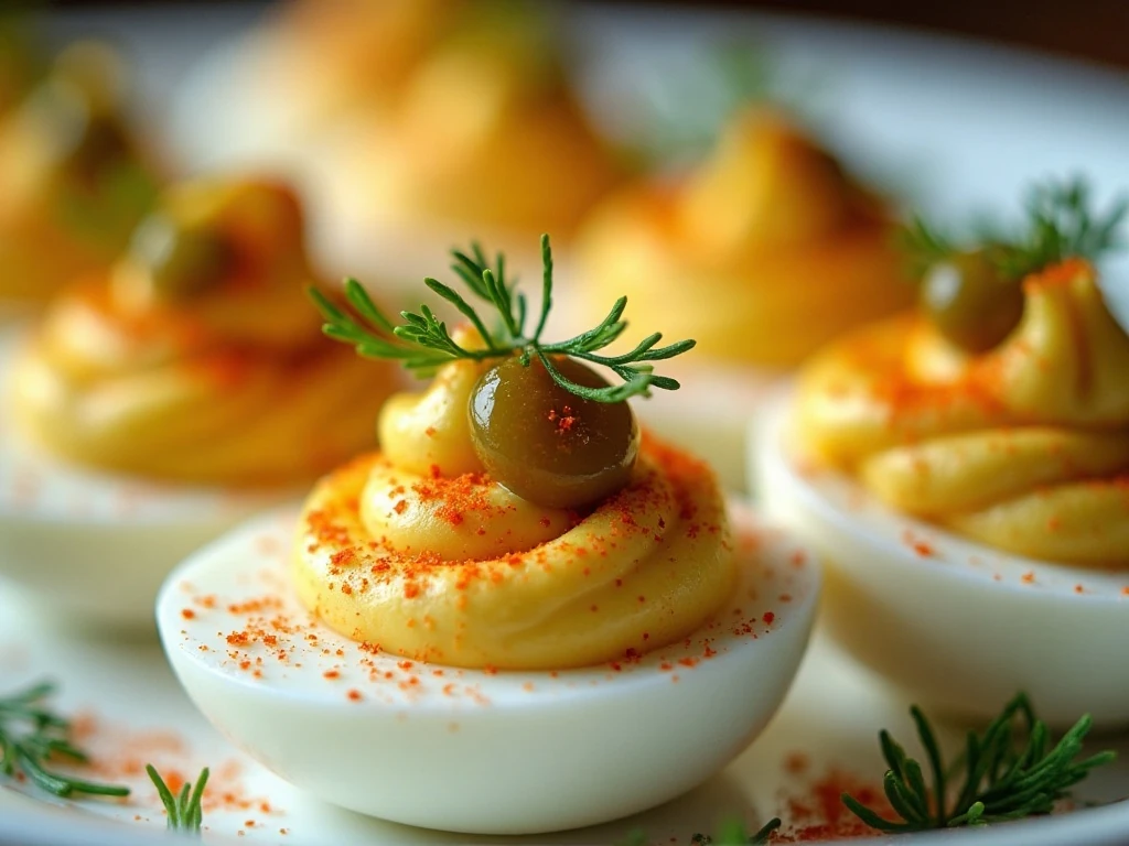 Deviled eggs with paprika, dill, chives, and pickle garnish