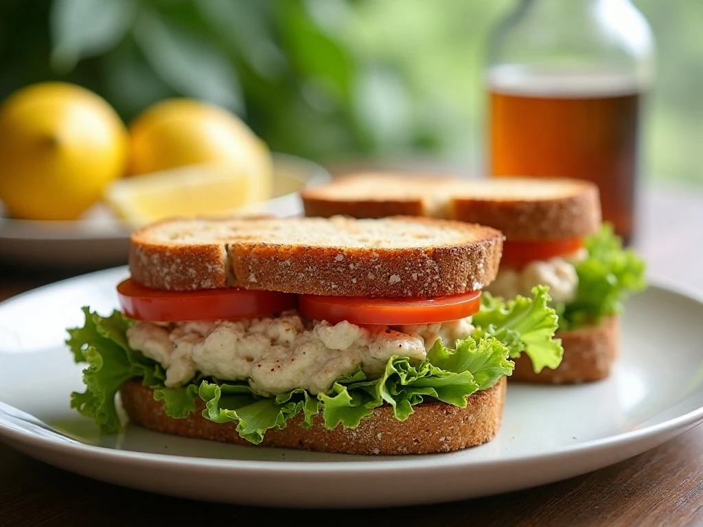 No-mayo tuna salad sandwiches with lettuce and tomato on toasted bread