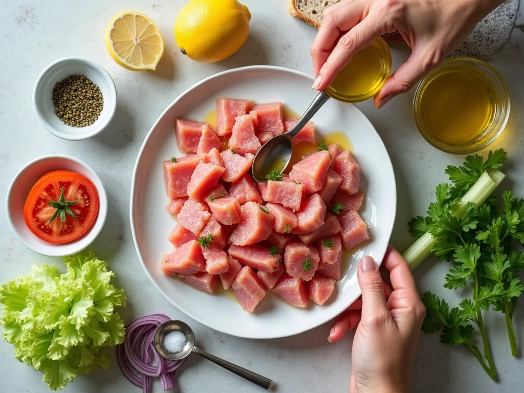 Ingredients for fresh no-mayo tuna salad sandwiches