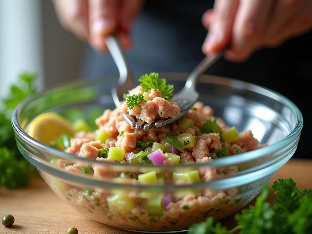 Tuna salad ingredients being gently mixed in a bowl