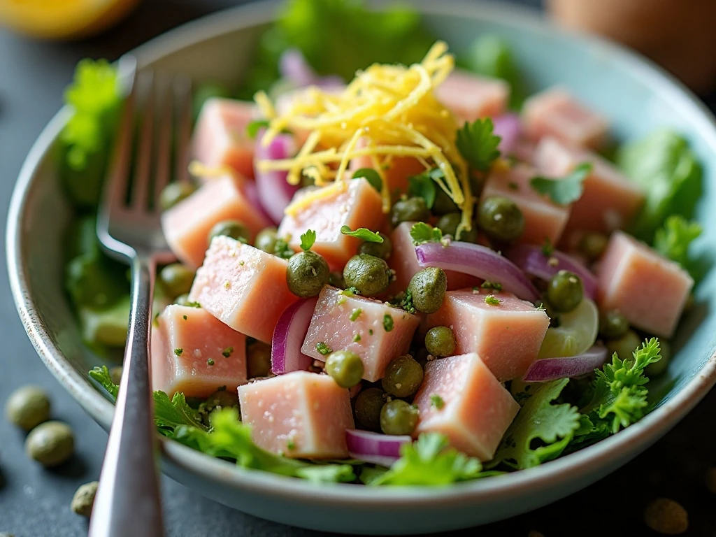 Close-up of flaky tuna salad with parsley, celery, onion, and capers