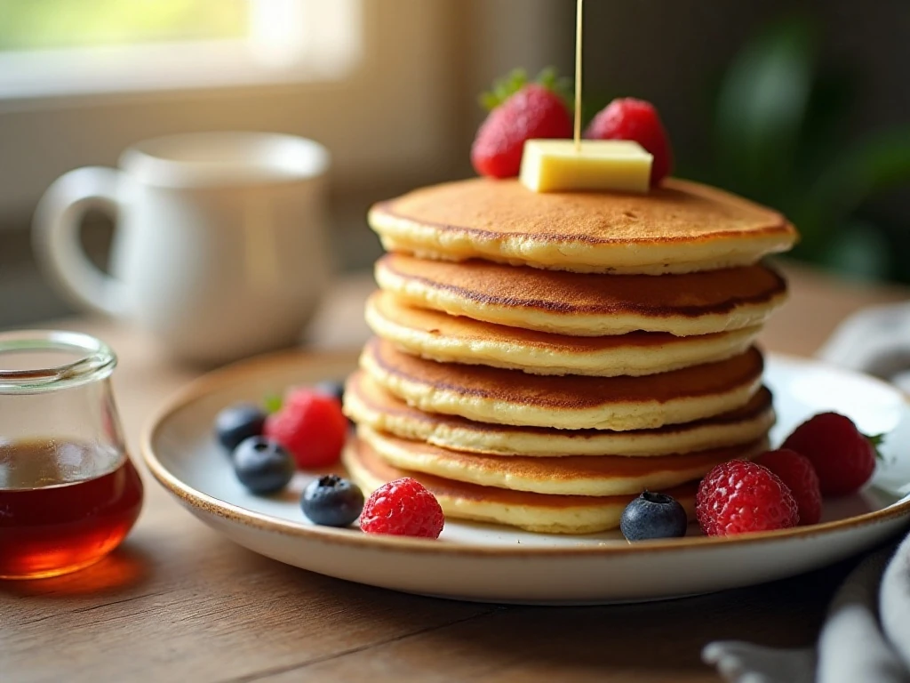 Stack of fluffy no-milk no-egg pancakes served with maple syrup and berries