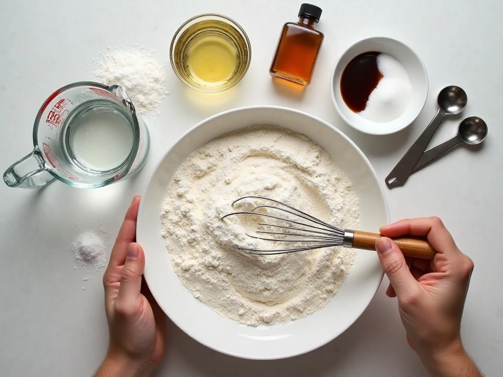 Ingredients for no-milk no-egg pancakes arranged for preparation