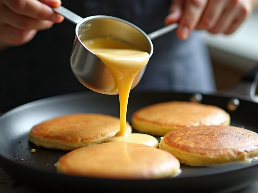 Pancake batter cooking in a lightly oiled skillet