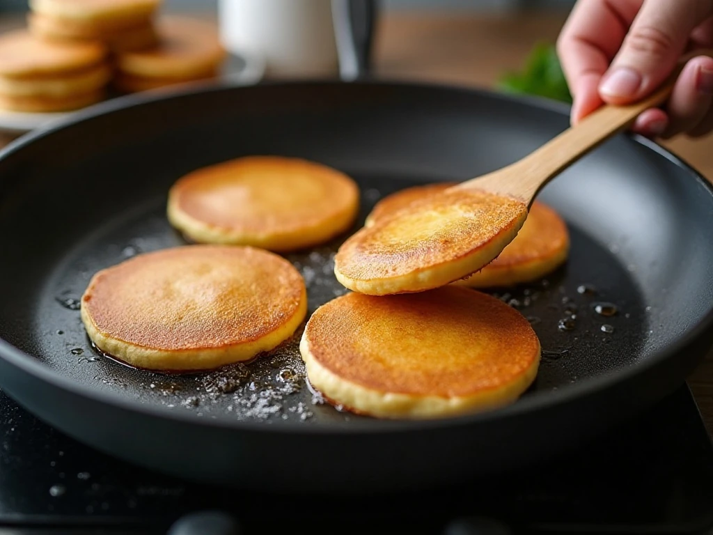 Pancake being flipped after bubbles form and edges set