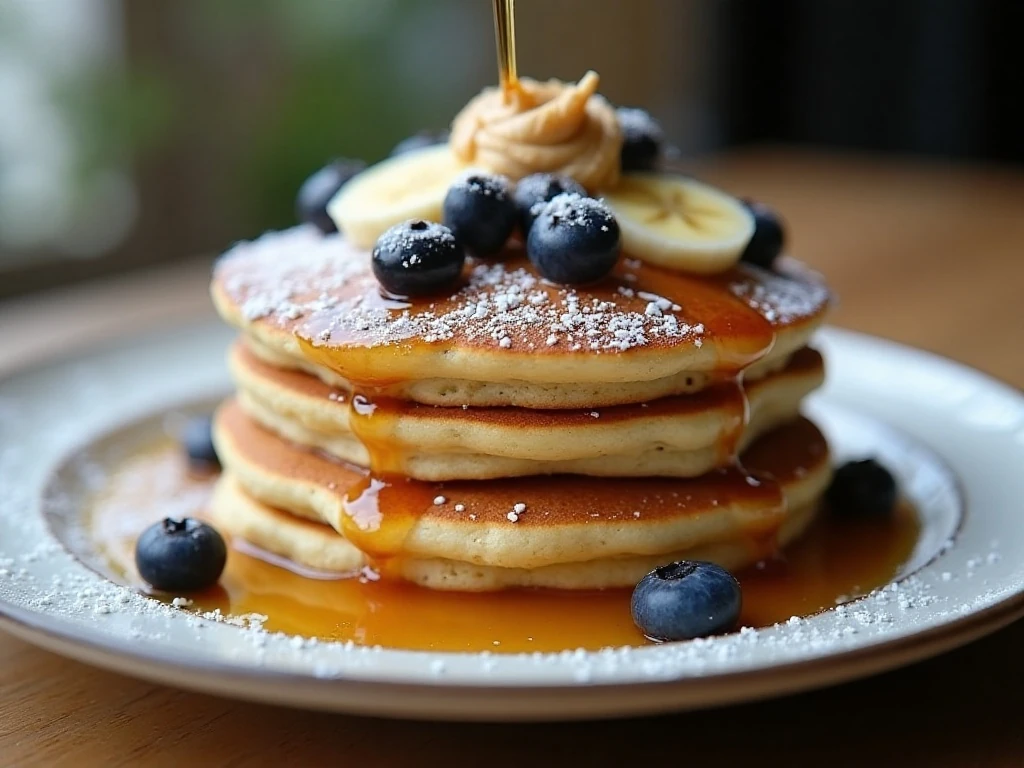 Pancakes with fruit, maple syrup, powdered sugar, and nut butter toppings