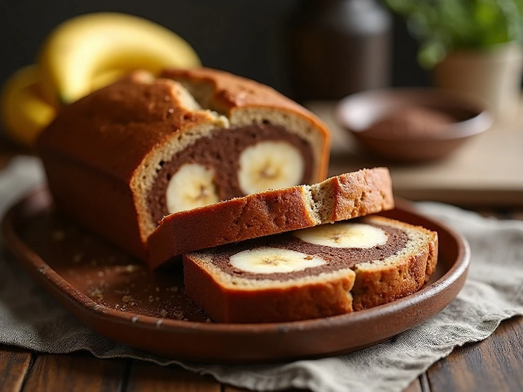 Sliced Nutella and banana swirl bread showing the moist crumb