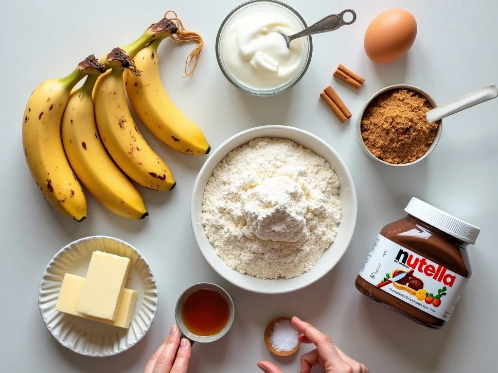 Ingredients for Nutella and banana swirl bread arranged on a counter