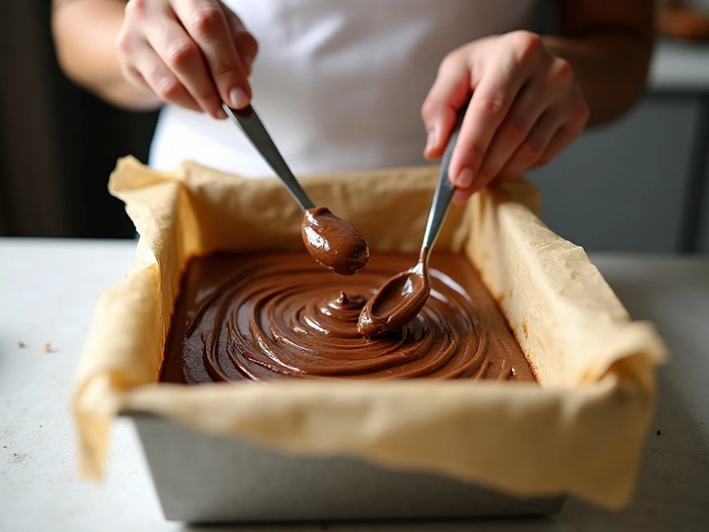 Nutella being swirled through banana bread batter in a loaf pan