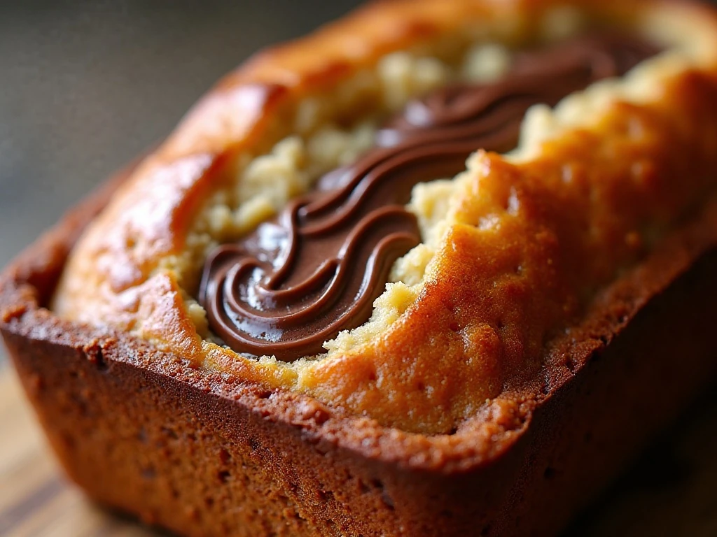 Close-up of distinct Nutella swirls across banana bread