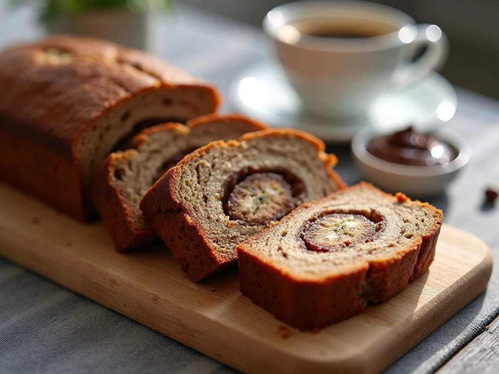 Nutella banana bread slices served for breakfast with coffee
