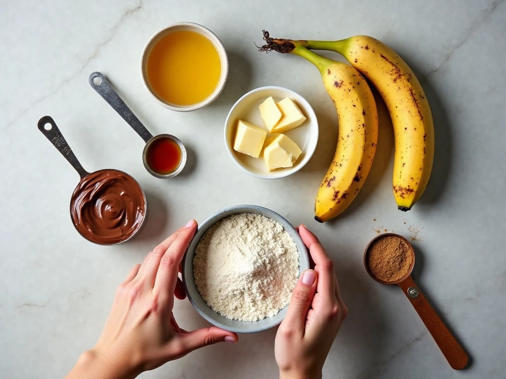 Ingredients for moist Nutella banana bread arranged in a flat lay