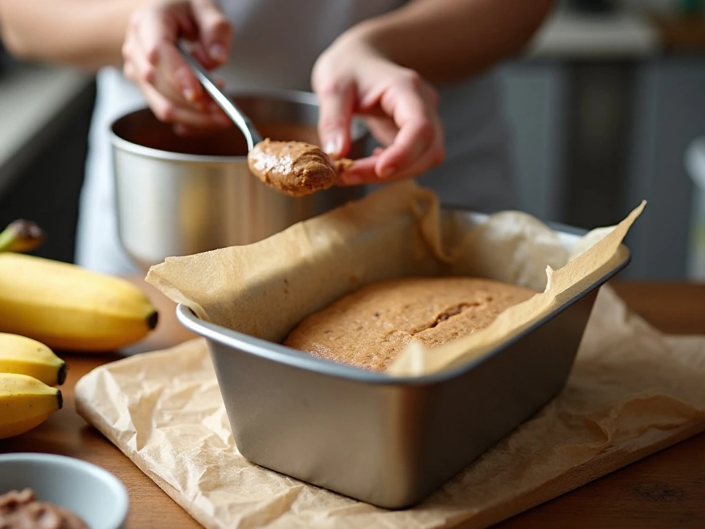 Preparing banana bread batter and Nutella layers in a loaf pan