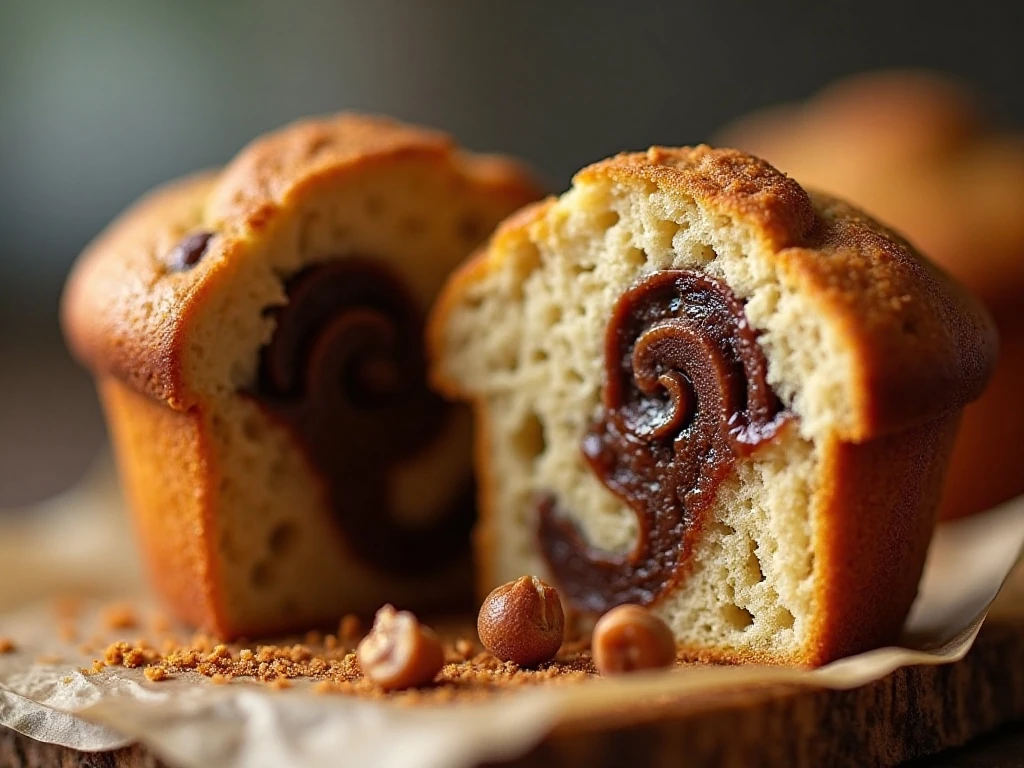 Close-up of the moist crumb and Nutella swirl in a banana muffin
