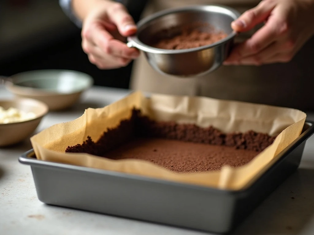 Preparing the chocolate cookie crust for cheesecake bars