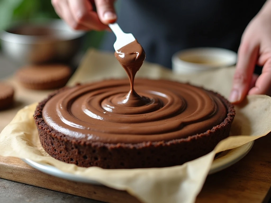 Spreading Nutella cheesecake filling over the crust