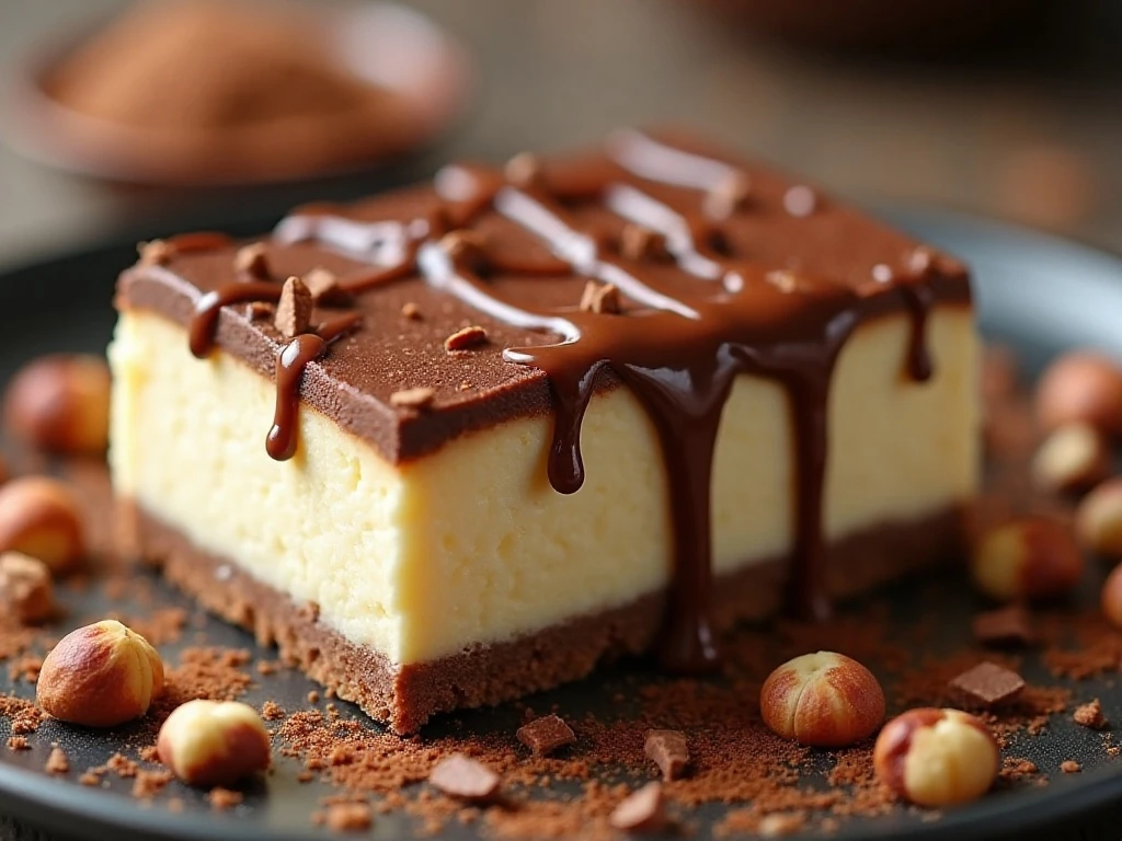 Nutella drizzle and hazelnut garnish on cheesecake bars