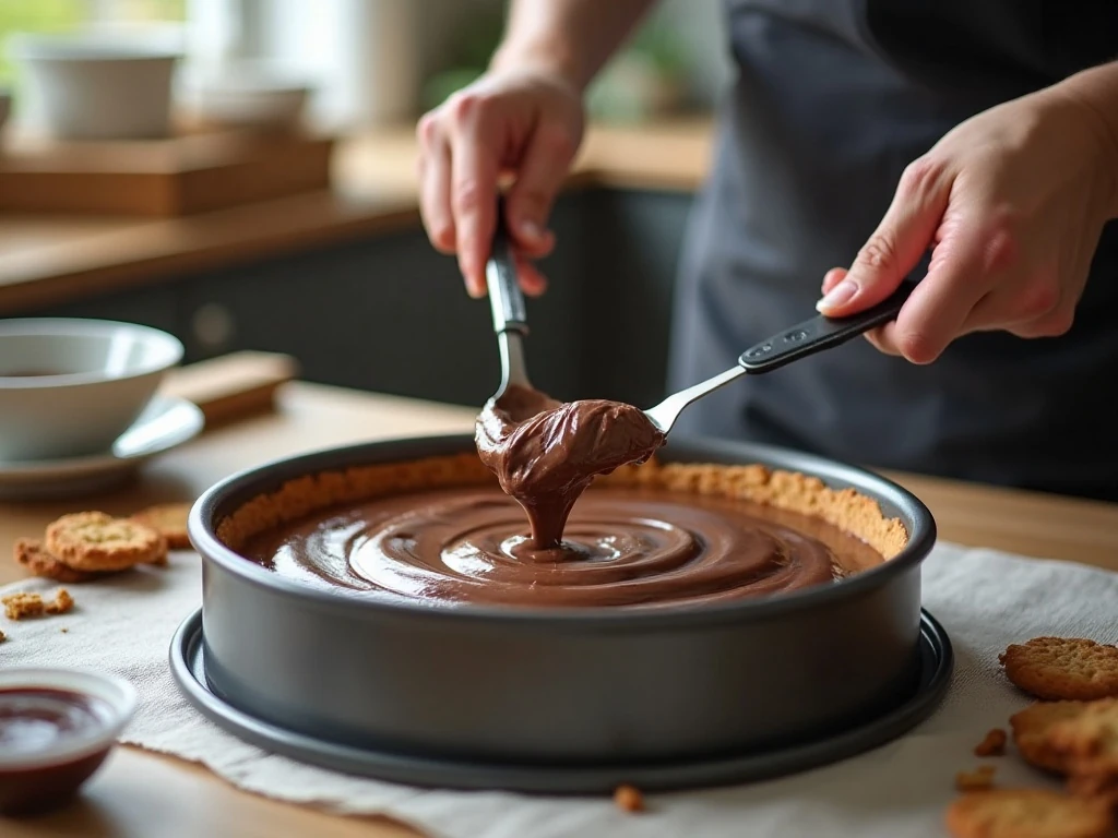 Preparing the biscuit base and Nutella cheesecake filling