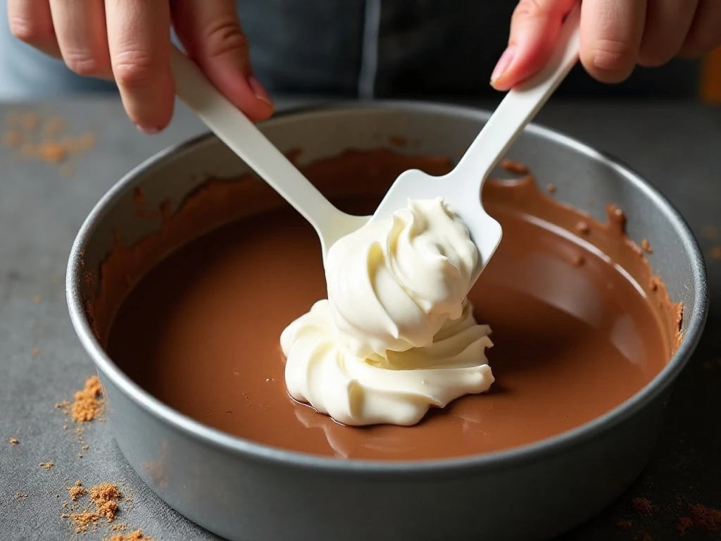 Folding whipped cream into Nutella cheesecake filling