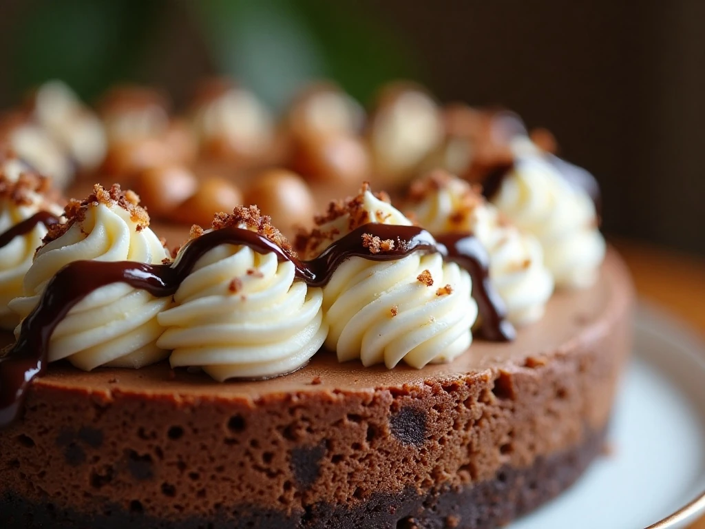 Nutella cheesecake decorated with whipped cream and hazelnuts