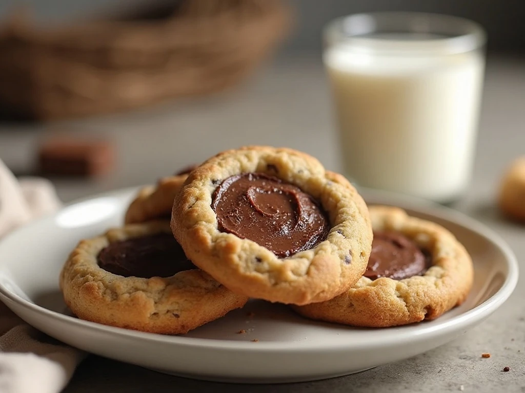 Plate of soft and fudgy Nutella cookies served with milk