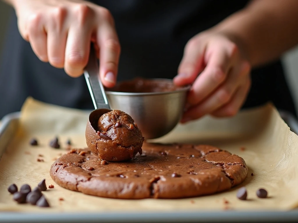 Scooping Nutella cookie dough onto a lined baking sheet