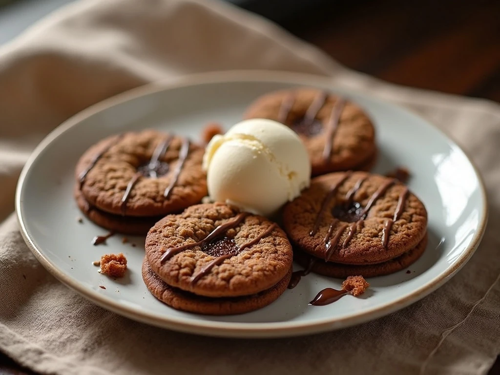 Nutella cookies served with vanilla ice cream